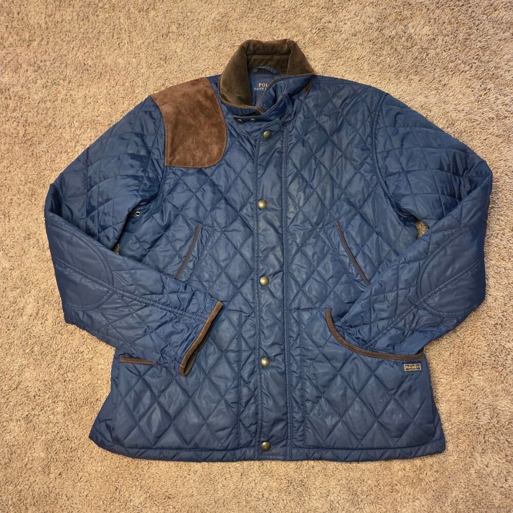 polo ralph Lauren quilted hunting blue puff jacket 100% leather trim XL